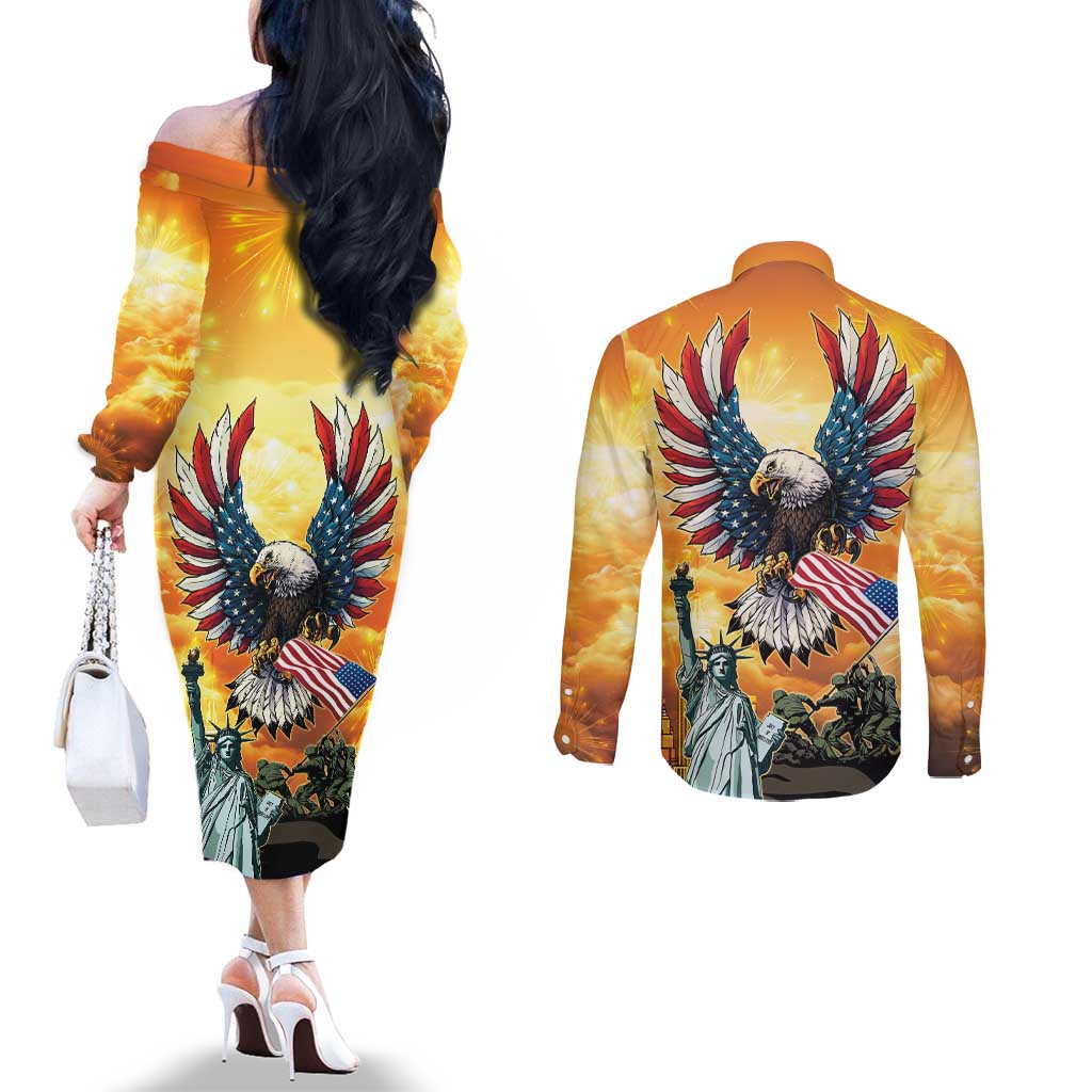 United States Fourth Of July Couples Matching Off The Shoulder Long Sleeve Dress and Long Sleeve Button Shirt Happy Independence Day