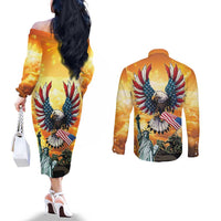 United States Fourth Of July Couples Matching Off The Shoulder Long Sleeve Dress and Long Sleeve Button Shirt Happy Independence Day