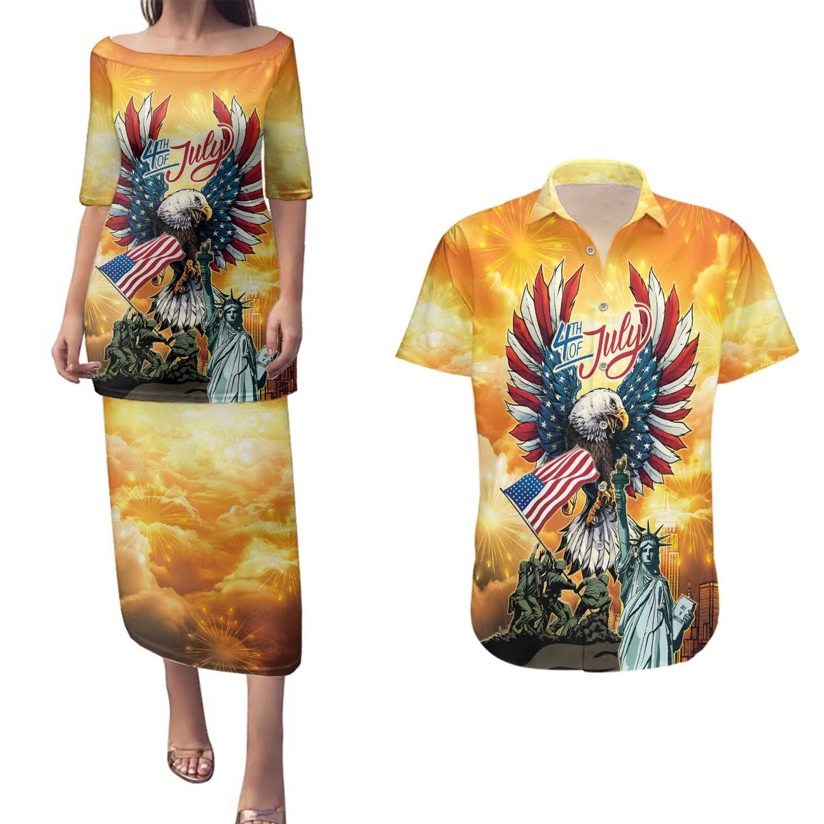 United States Fourth Of July Couples Matching Puletasi and Hawaiian Shirt Happy Independence Day