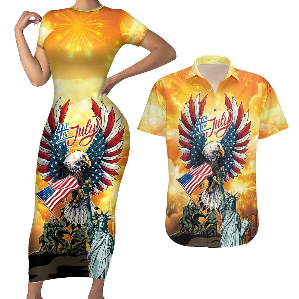 United States Fourth Of July Couples Matching Short Sleeve Bodycon Dress and Hawaiian Shirt Happy Independence Day