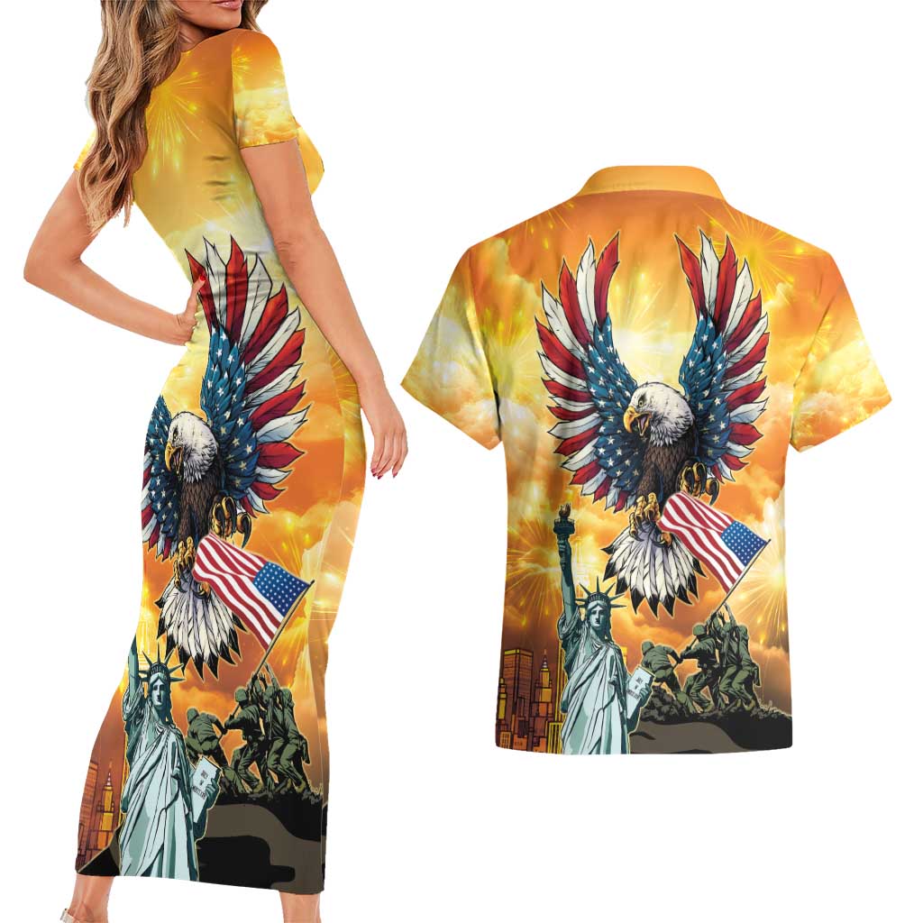 United States Fourth Of July Couples Matching Short Sleeve Bodycon Dress and Hawaiian Shirt Happy Independence Day