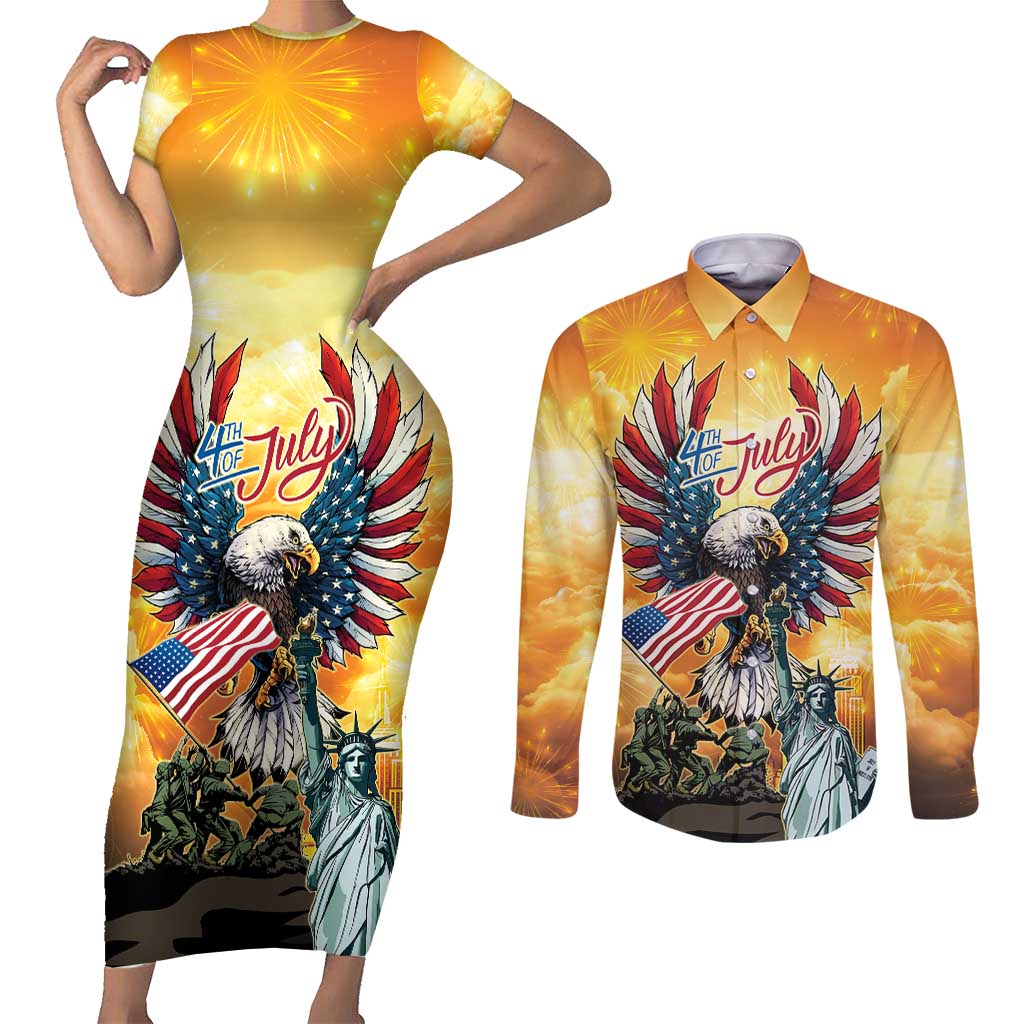 United States Fourth Of July Couples Matching Short Sleeve Bodycon Dress and Long Sleeve Button Shirt Happy Independence Day