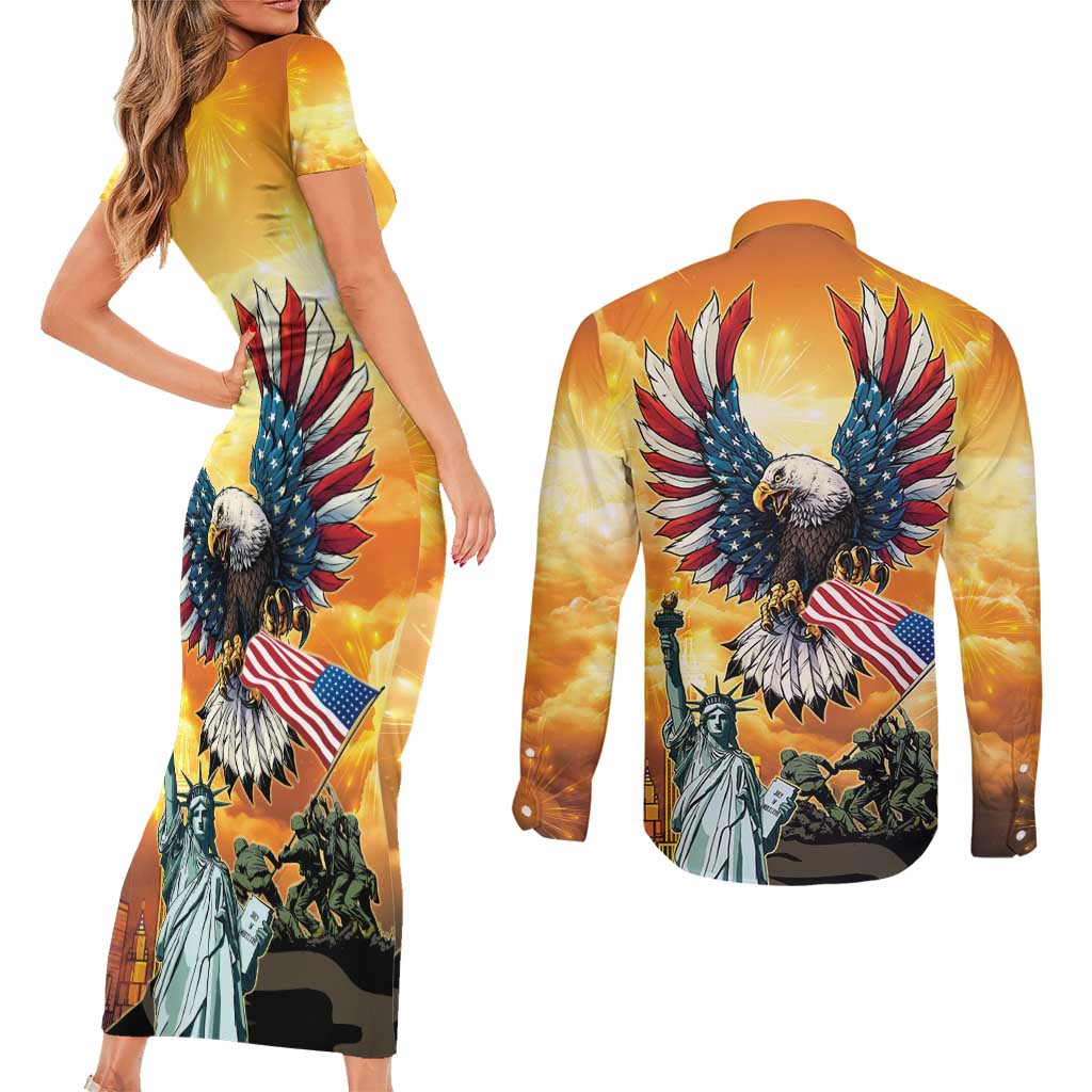 United States Fourth Of July Couples Matching Short Sleeve Bodycon Dress and Long Sleeve Button Shirt Happy Independence Day