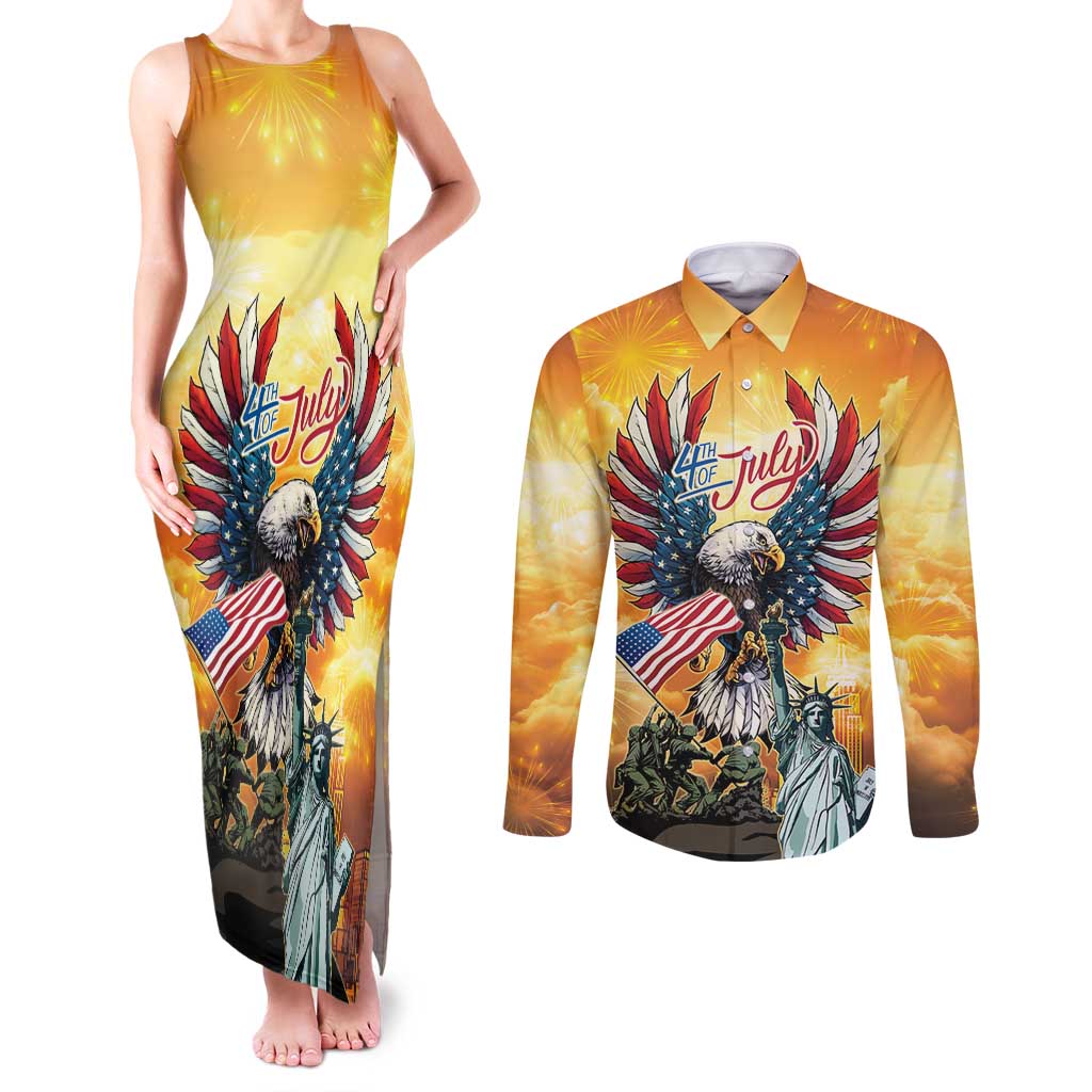 United States Fourth Of July Couples Matching Tank Maxi Dress and Long Sleeve Button Shirt Happy Independence Day