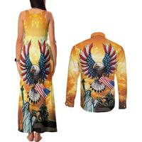 United States Fourth Of July Couples Matching Tank Maxi Dress and Long Sleeve Button Shirt Happy Independence Day