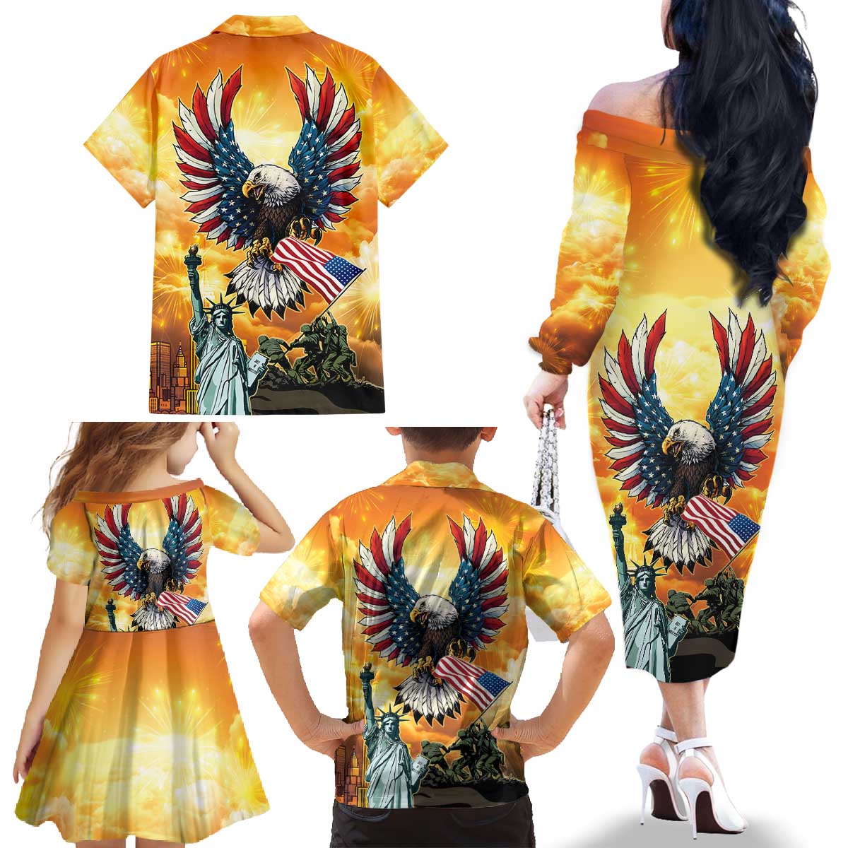United States Fourth Of July Family Matching Off The Shoulder Long Sleeve Dress and Hawaiian Shirt Happy Independence Day