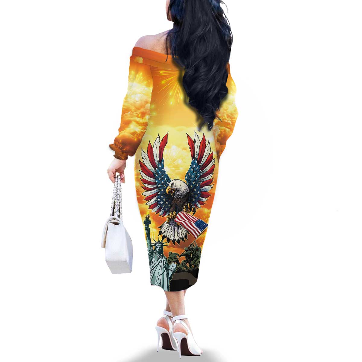 United States Fourth Of July Family Matching Off The Shoulder Long Sleeve Dress and Hawaiian Shirt Happy Independence Day