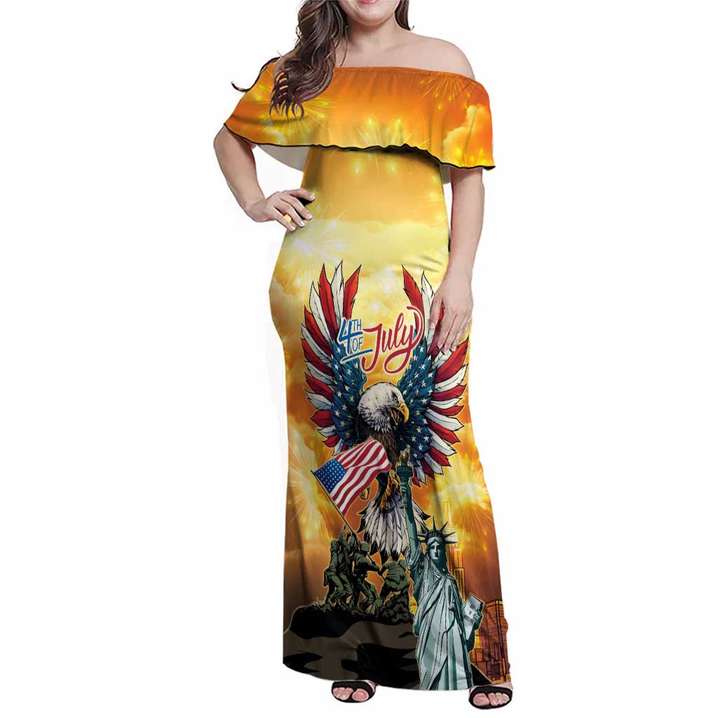 United States Fourth Of July Family Matching Off Shoulder Maxi Dress and Hawaiian Shirt Happy Independence Day