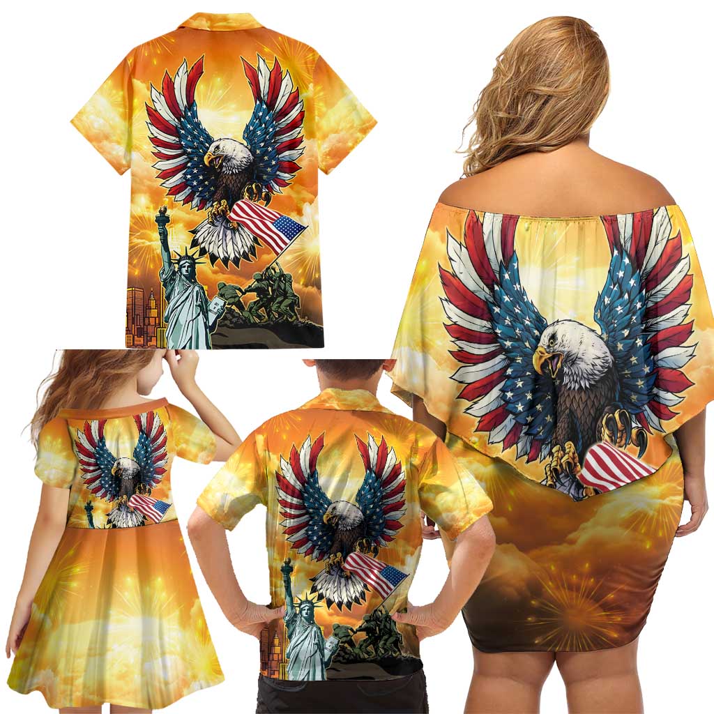 United States Fourth Of July Family Matching Off Shoulder Short Dress and Hawaiian Shirt Happy Independence Day