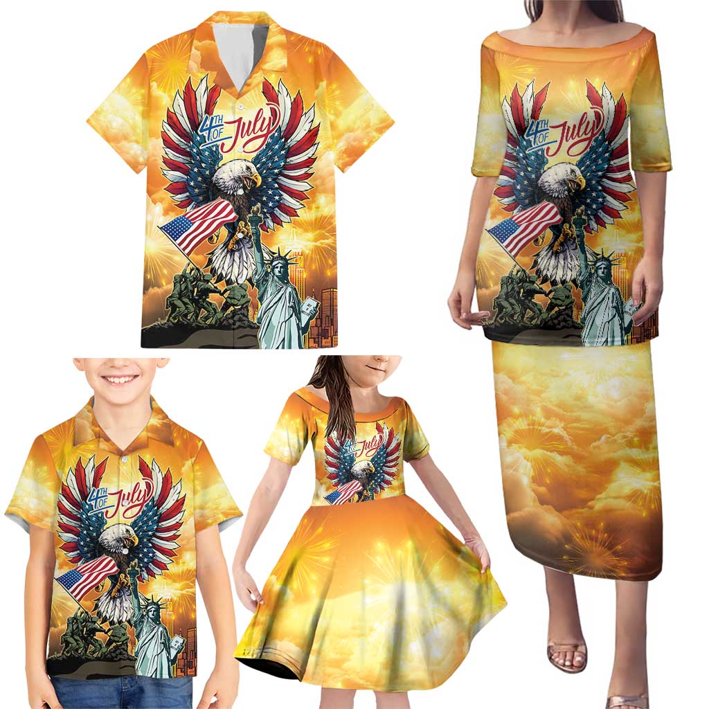 United States Fourth Of July Family Matching Puletasi and Hawaiian Shirt Happy Independence Day