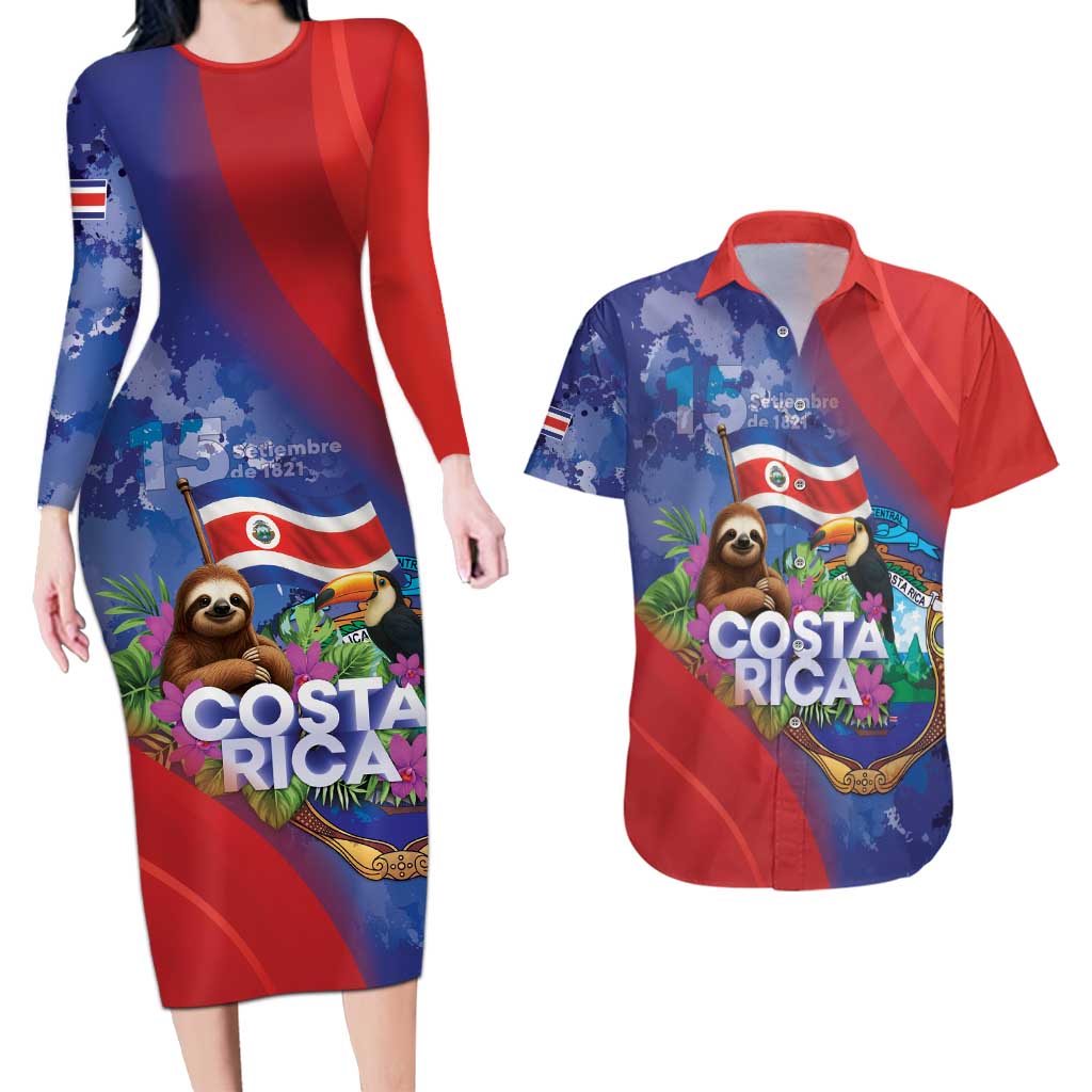 Costa Rica Independence Day Couples Matching Long Sleeve Bodycon Dress and Hawaiian Shirt 204 Years Of Freedom - Wonder Print Shop