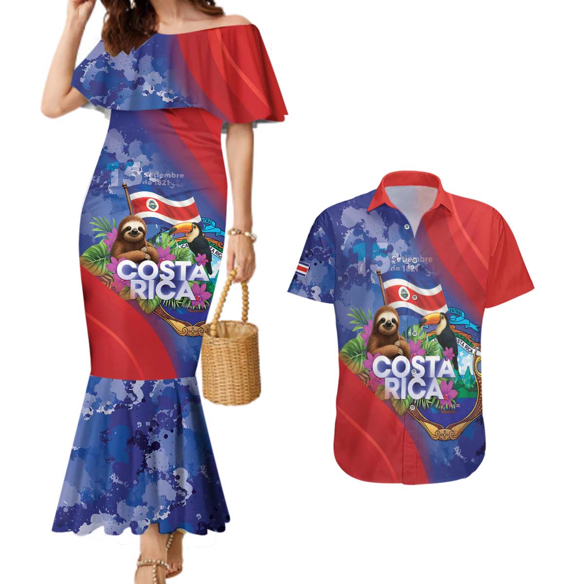 Costa Rica Independence Day Couples Matching Mermaid Dress and Hawaiian Shirt 204 Years Of Freedom - Wonder Print Shop