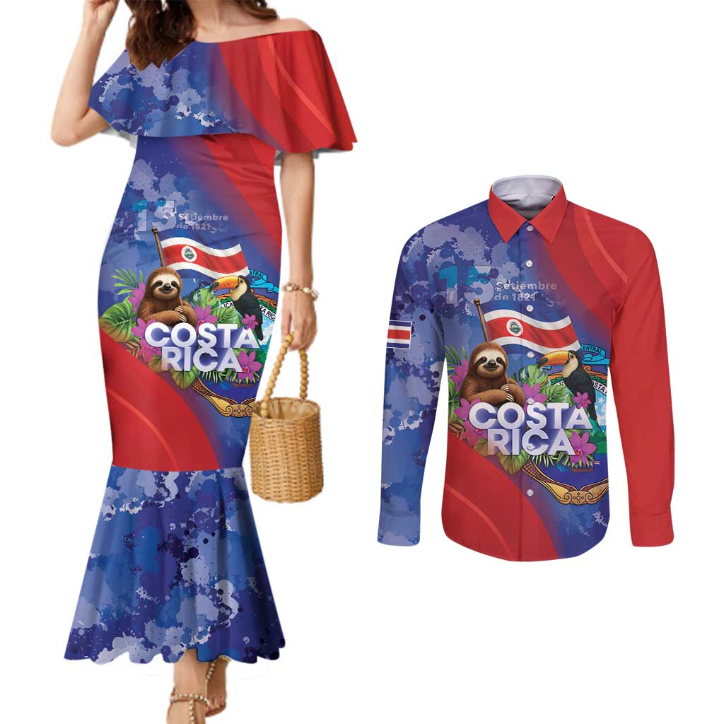 Costa Rica Independence Day Couples Matching Mermaid Dress and Long Sleeve Button Shirt 204 Years Of Freedom - Wonder Print Shop