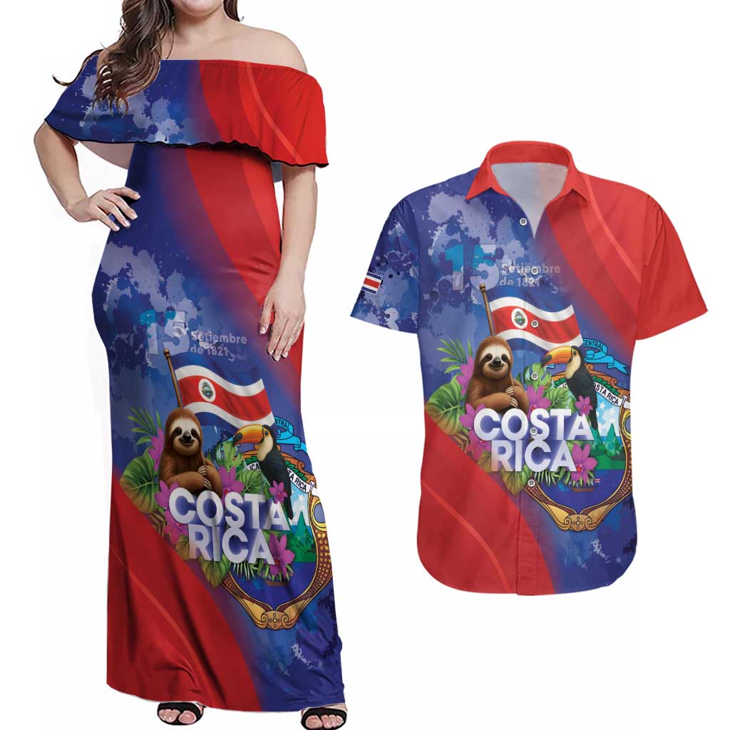 Costa Rica Independence Day Couples Matching Off Shoulder Maxi Dress and Hawaiian Shirt 204 Years Of Freedom - Wonder Print Shop