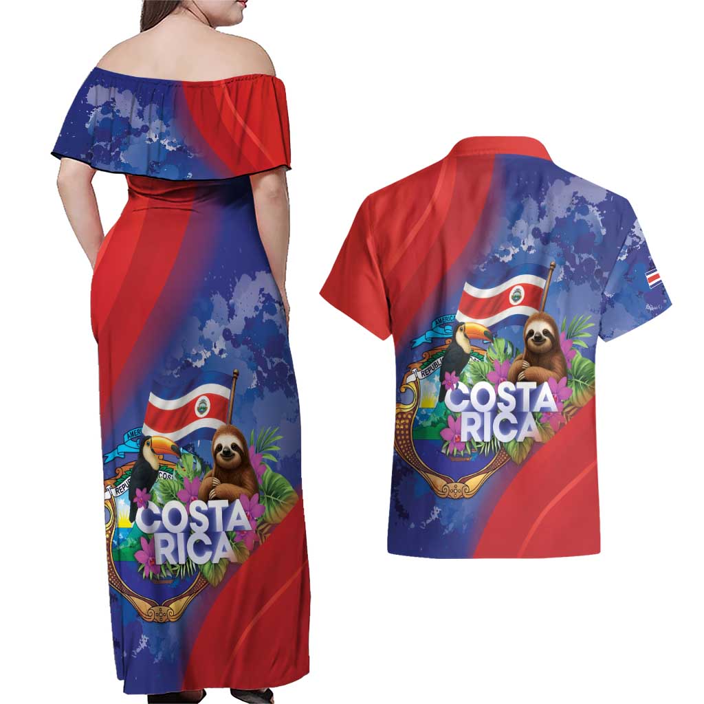 Costa Rica Independence Day Couples Matching Off Shoulder Maxi Dress and Hawaiian Shirt 204 Years Of Freedom - Wonder Print Shop