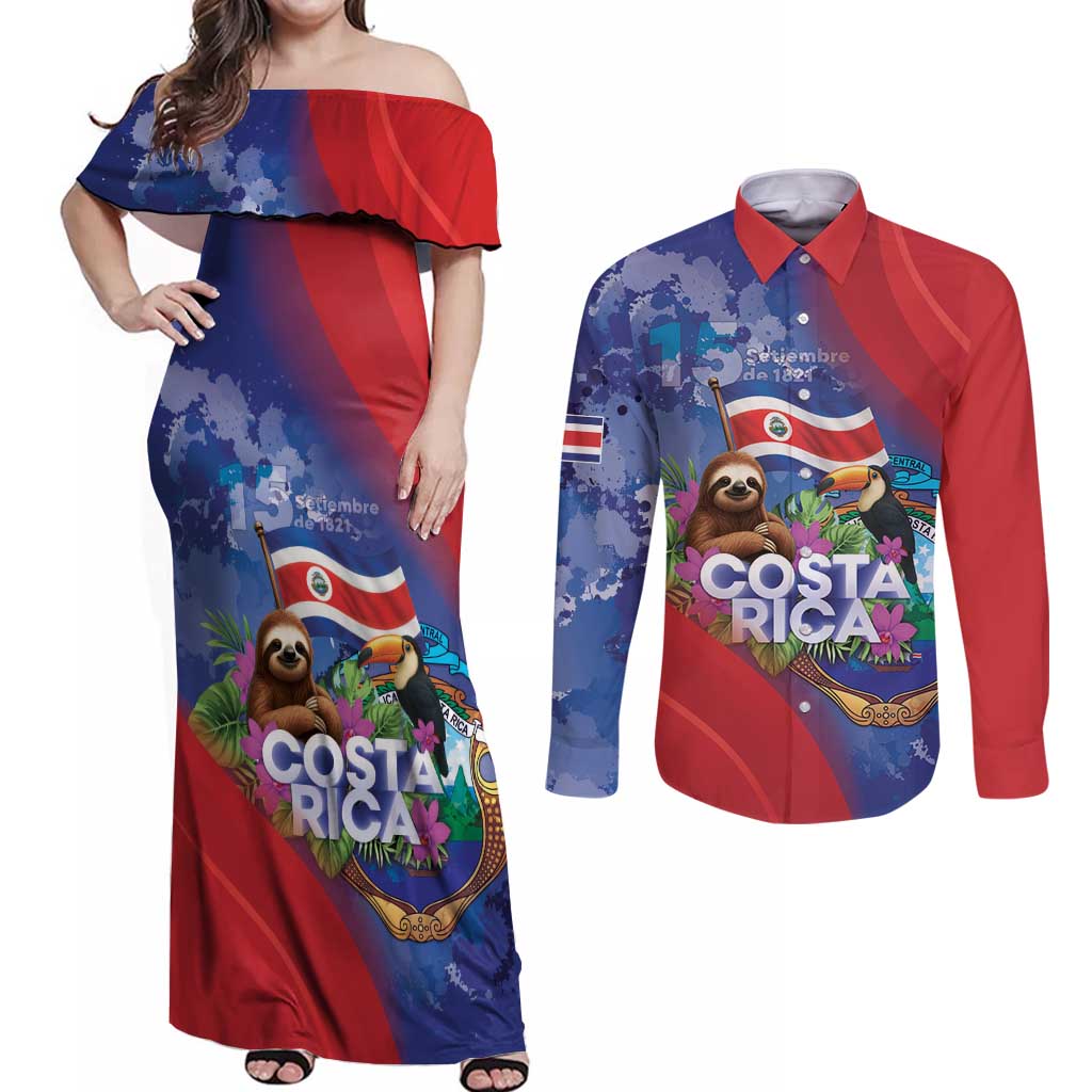 Costa Rica Independence Day Couples Matching Off Shoulder Maxi Dress and Long Sleeve Button Shirt 204 Years Of Freedom - Wonder Print Shop