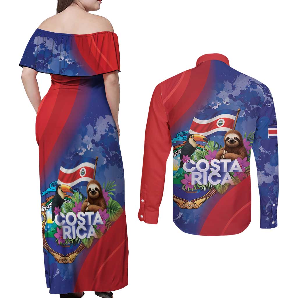 Costa Rica Independence Day Couples Matching Off Shoulder Maxi Dress and Long Sleeve Button Shirt 204 Years Of Freedom - Wonder Print Shop