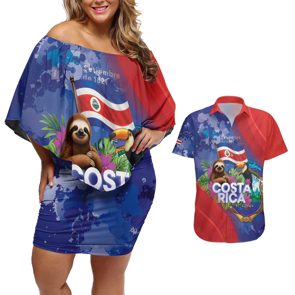 Costa Rica Independence Day Couples Matching Off Shoulder Short Dress and Hawaiian Shirt 204 Years Of Freedom - Wonder Print Shop