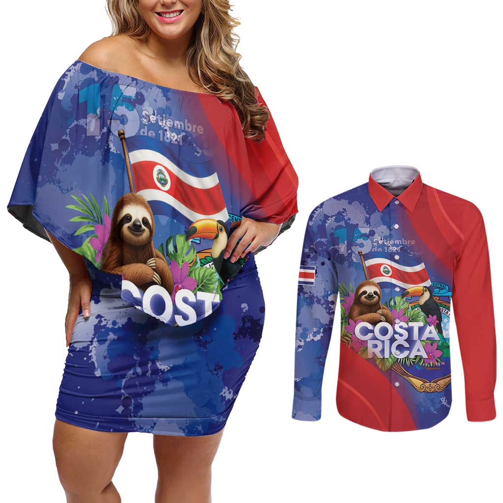 Costa Rica Independence Day Couples Matching Off Shoulder Short Dress and Long Sleeve Button Shirt 204 Years Of Freedom - Wonder Print Shop