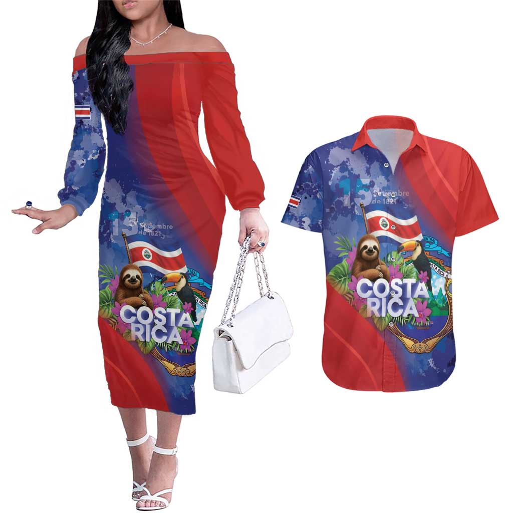 Costa Rica Independence Day Couples Matching Off The Shoulder Long Sleeve Dress and Hawaiian Shirt 204 Years Of Freedom - Wonder Print Shop