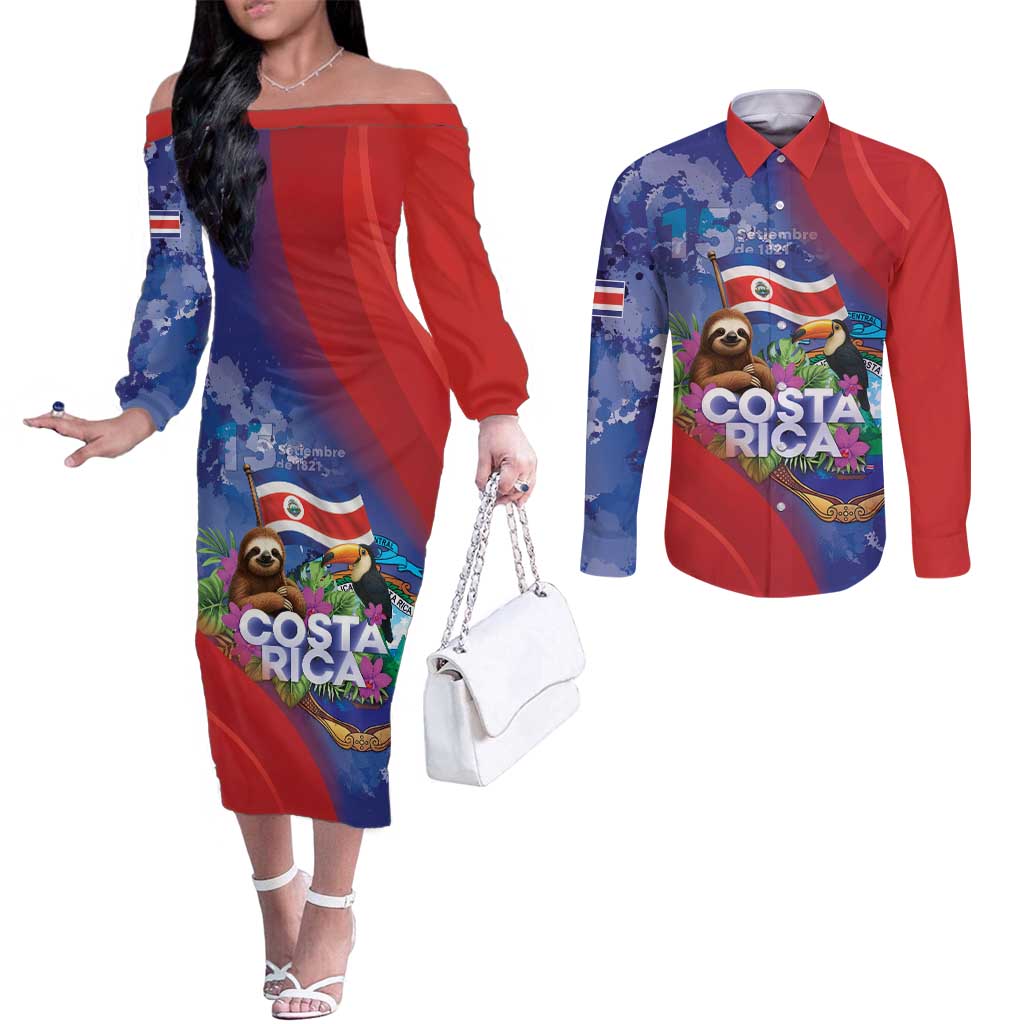 Costa Rica Independence Day Couples Matching Off The Shoulder Long Sleeve Dress and Long Sleeve Button Shirt 204 Years Of Freedom - Wonder Print Shop