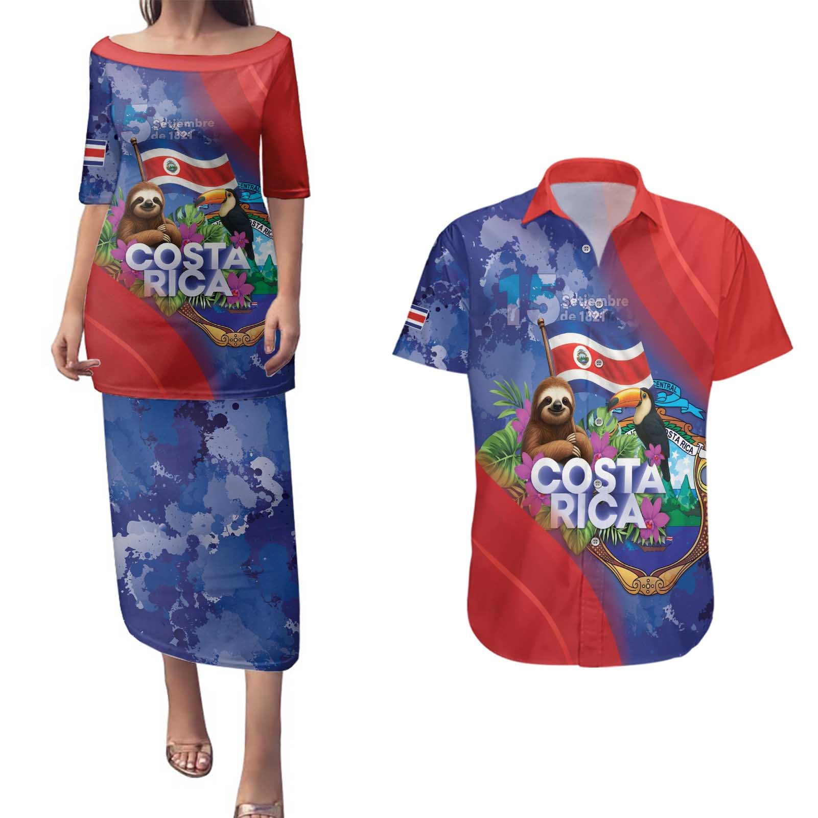 Costa Rica Independence Day Couples Matching Puletasi and Hawaiian Shirt 204 Years Of Freedom - Wonder Print Shop