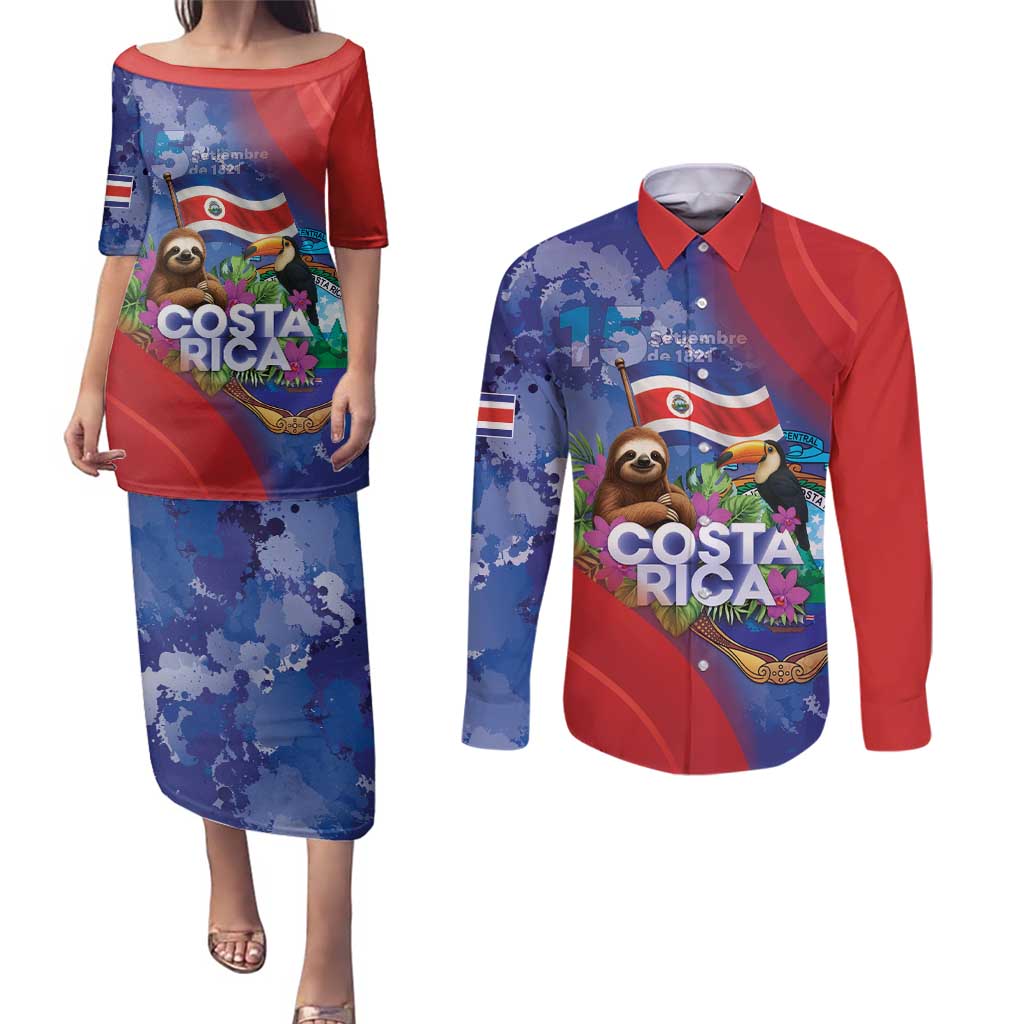 Costa Rica Independence Day Couples Matching Puletasi and Long Sleeve Button Shirt 204 Years Of Freedom - Wonder Print Shop