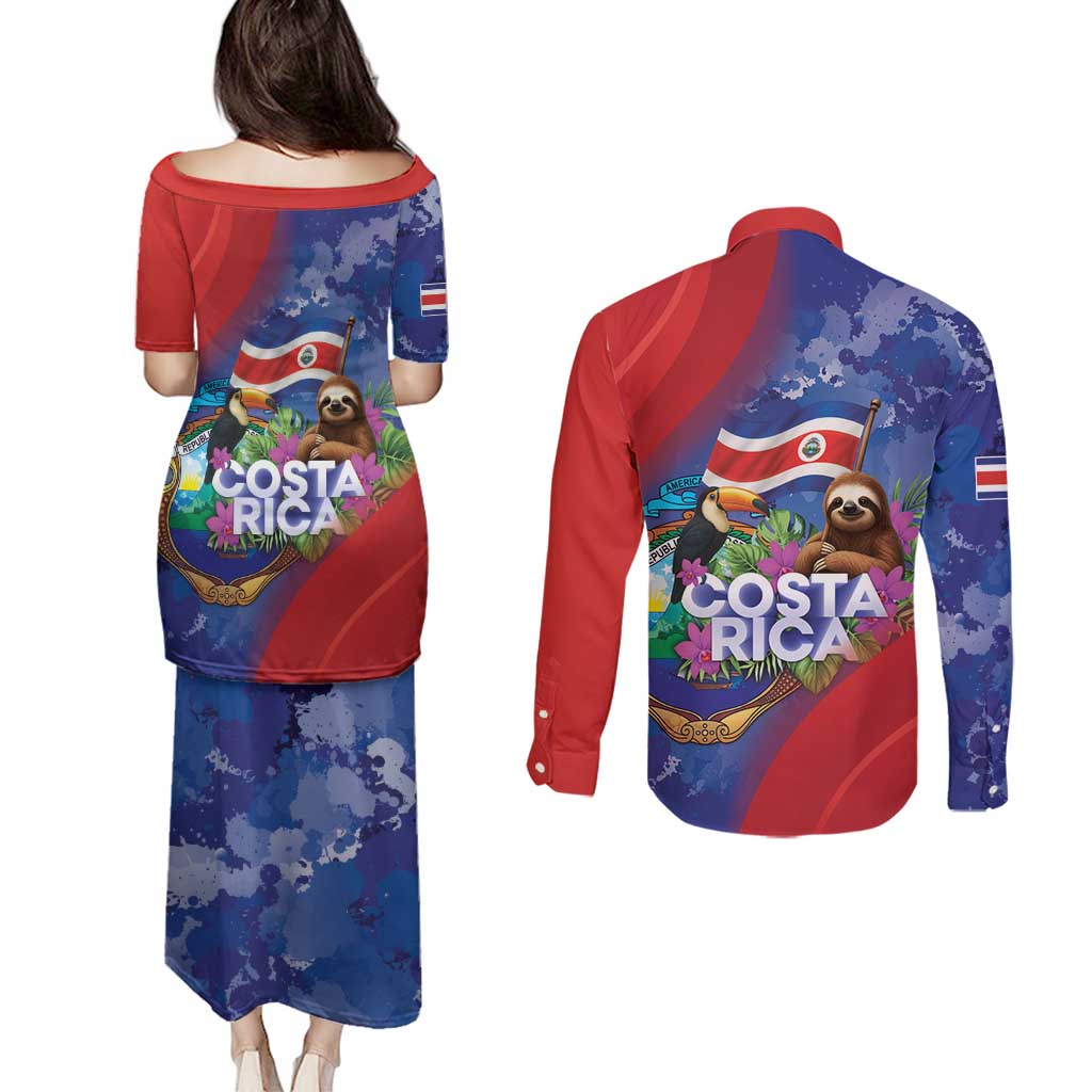 Costa Rica Independence Day Couples Matching Puletasi and Long Sleeve Button Shirt 204 Years Of Freedom - Wonder Print Shop