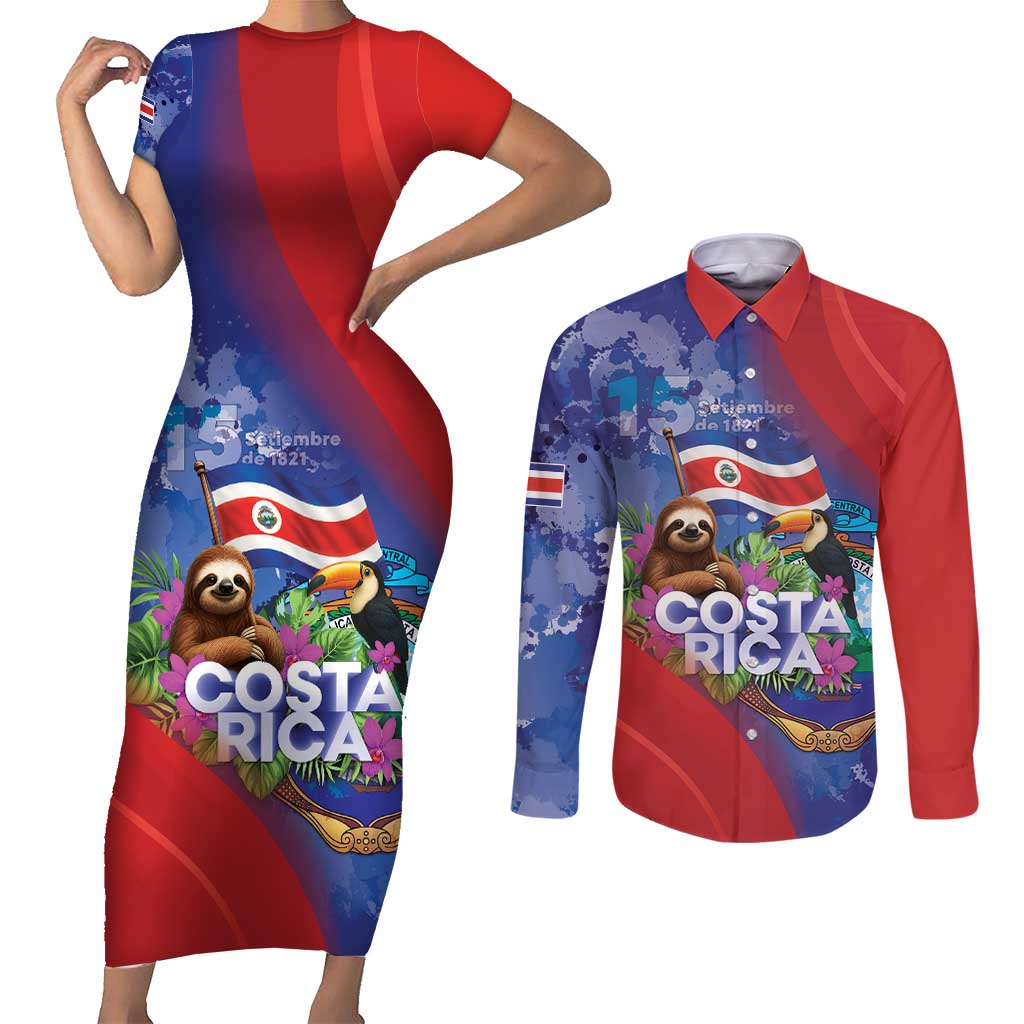 Costa Rica Independence Day Couples Matching Short Sleeve Bodycon Dress and Long Sleeve Button Shirt 204 Years Of Freedom - Wonder Print Shop