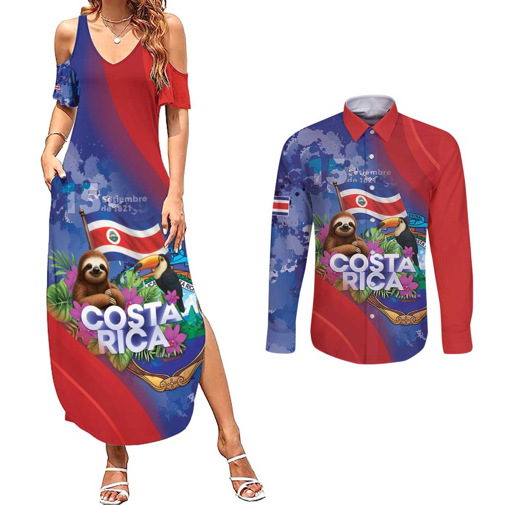 Costa Rica Independence Day Couples Matching Summer Maxi Dress and Long Sleeve Button Shirt 204 Years Of Freedom - Wonder Print Shop
