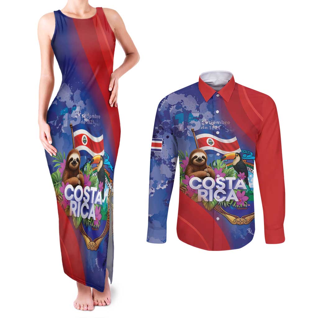 Costa Rica Independence Day Couples Matching Tank Maxi Dress and Long Sleeve Button Shirt 204 Years Of Freedom - Wonder Print Shop