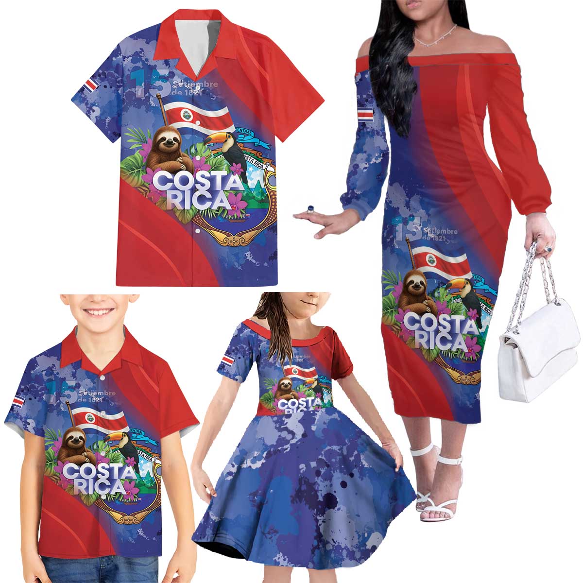 Costa Rica Independence Day Family Matching Off The Shoulder Long Sleeve Dress and Hawaiian Shirt 204 Years Of Freedom - Wonder Print Shop