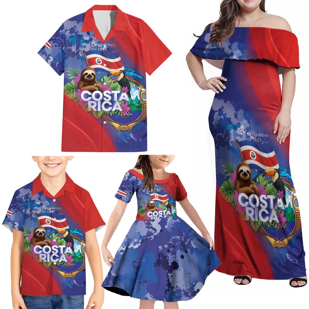 Costa Rica Independence Day Family Matching Off Shoulder Maxi Dress and Hawaiian Shirt 204 Years Of Freedom - Wonder Print Shop