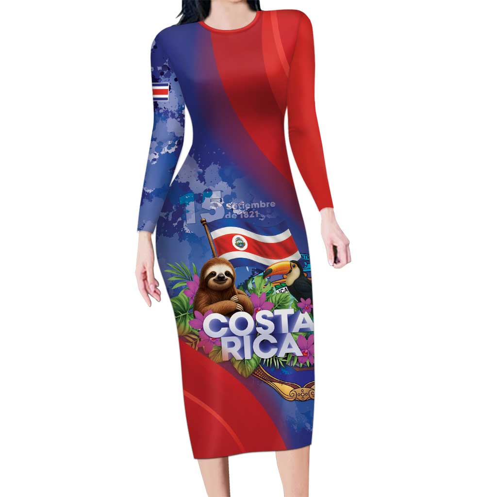 Costa Rica Independence Day Long Sleeve Bodycon Dress 204 Years Of Freedom - Wonder Print Shop