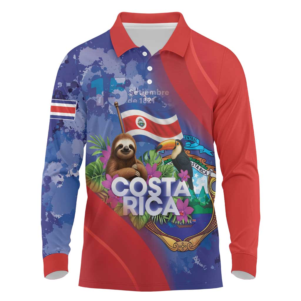 Costa Rica Independence Day Long Sleeve Polo Shirt 204 Years Of Freedom - Wonder Print Shop
