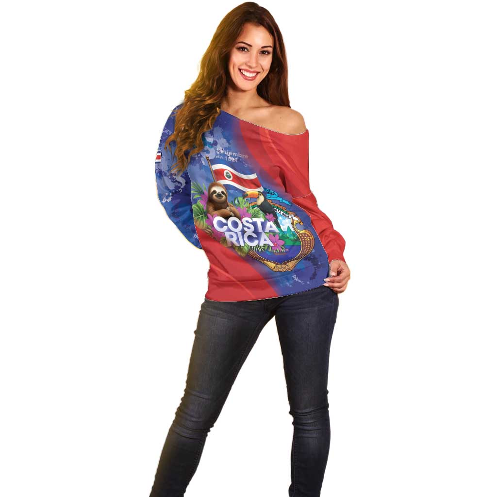Costa Rica Independence Day Off Shoulder Sweater 204 Years Of Freedom - Wonder Print Shop