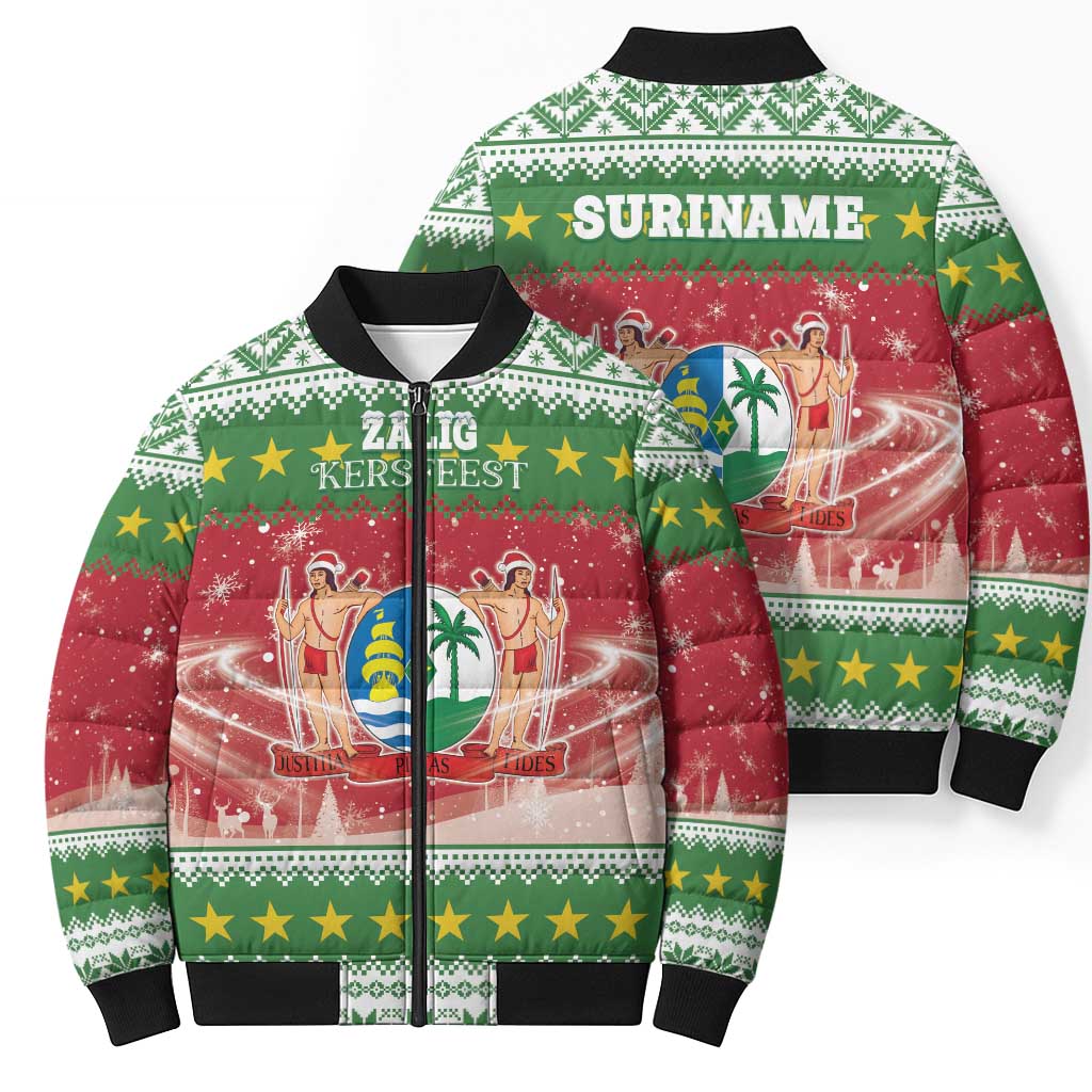 Suriname Christmas Bomber Puffer Jacket Coat Of Arms Zalig Kersfeest - Wonder Print Shop