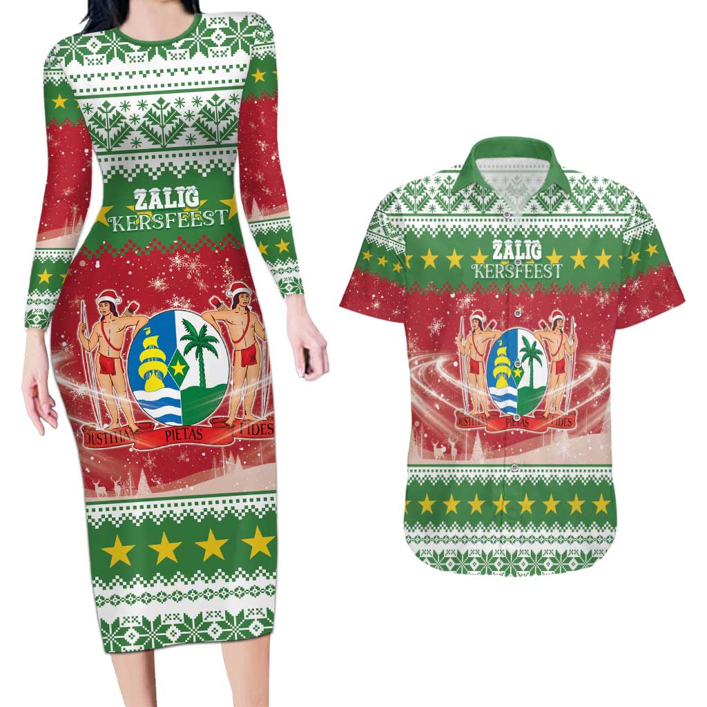 Suriname Christmas Couples Matching Long Sleeve Bodycon Dress and Hawaiian Shirt Coat Of Arms Zalig Kersfeest - Wonder Print Shop