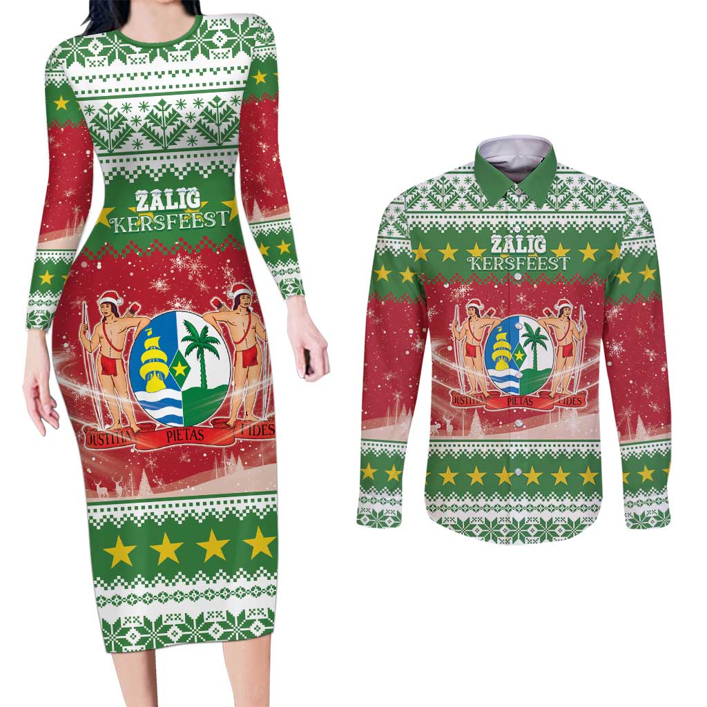 Suriname Christmas Couples Matching Long Sleeve Bodycon Dress and Long Sleeve Button Shirt Coat Of Arms Zalig Kersfeest - Wonder Print Shop