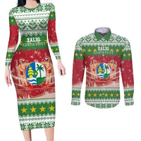 Suriname Christmas Couples Matching Long Sleeve Bodycon Dress and Long Sleeve Button Shirt Coat Of Arms Zalig Kersfeest - Wonder Print Shop