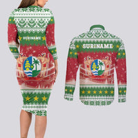 Suriname Christmas Couples Matching Long Sleeve Bodycon Dress and Long Sleeve Button Shirt Coat Of Arms Zalig Kersfeest - Wonder Print Shop