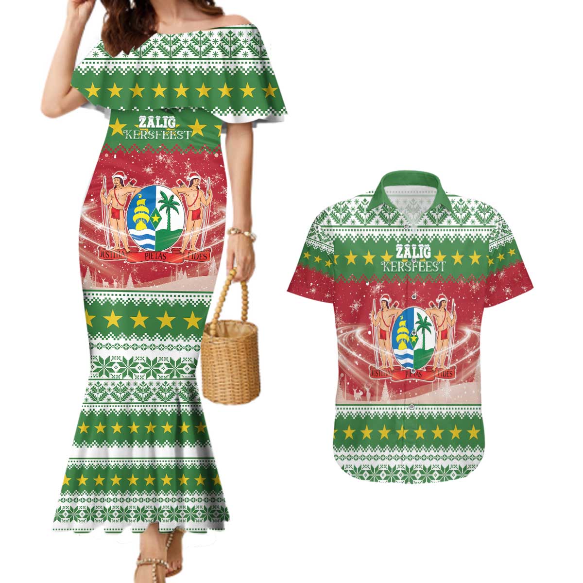 Suriname Christmas Couples Matching Mermaid Dress and Hawaiian Shirt Coat Of Arms Zalig Kersfeest - Wonder Print Shop