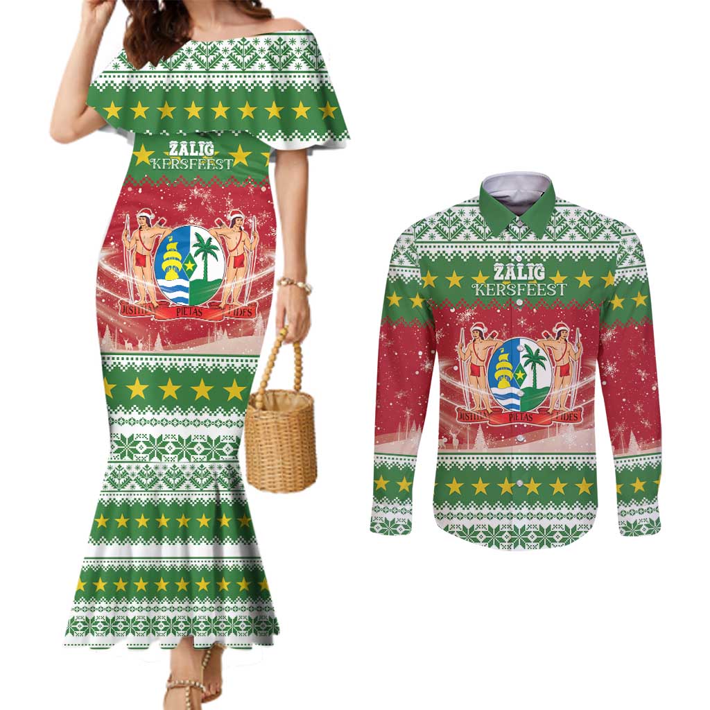 Suriname Christmas Couples Matching Mermaid Dress and Long Sleeve Button Shirt Coat Of Arms Zalig Kersfeest - Wonder Print Shop
