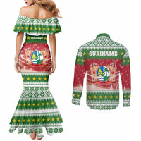 Suriname Christmas Couples Matching Mermaid Dress and Long Sleeve Button Shirt Coat Of Arms Zalig Kersfeest - Wonder Print Shop