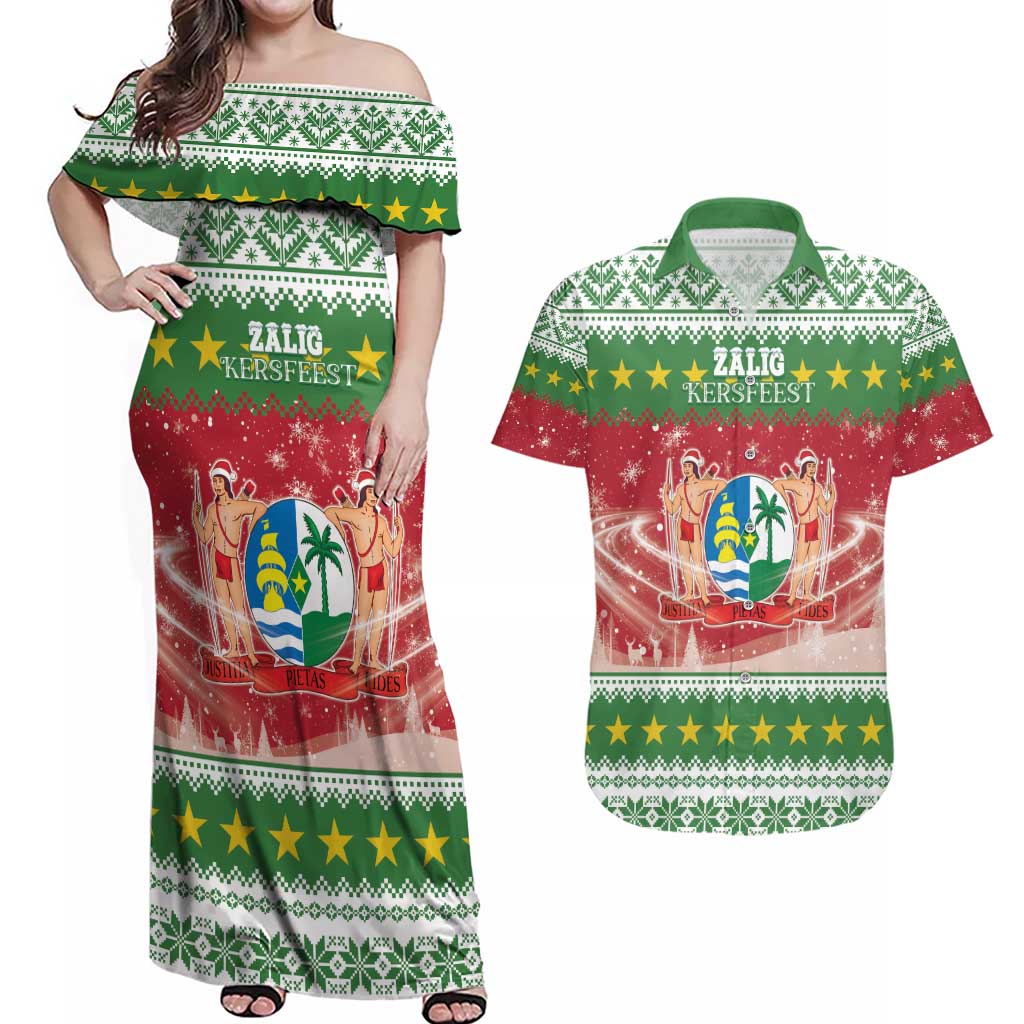 Suriname Christmas Couples Matching Off Shoulder Maxi Dress and Hawaiian Shirt Coat Of Arms Zalig Kersfeest - Wonder Print Shop