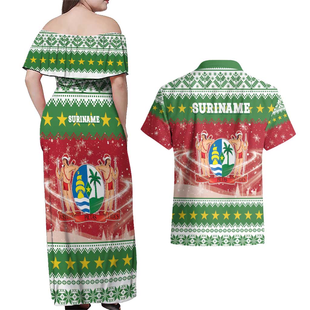Suriname Christmas Couples Matching Off Shoulder Maxi Dress and Hawaiian Shirt Coat Of Arms Zalig Kersfeest - Wonder Print Shop