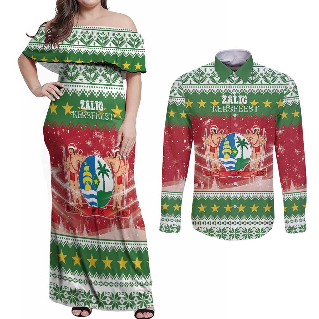 Suriname Christmas Couples Matching Off Shoulder Maxi Dress and Long Sleeve Button Shirt Coat Of Arms Zalig Kersfeest - Wonder Print Shop