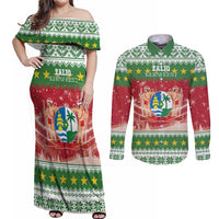 Suriname Christmas Couples Matching Off Shoulder Maxi Dress and Long Sleeve Button Shirt Coat Of Arms Zalig Kersfeest - Wonder Print Shop