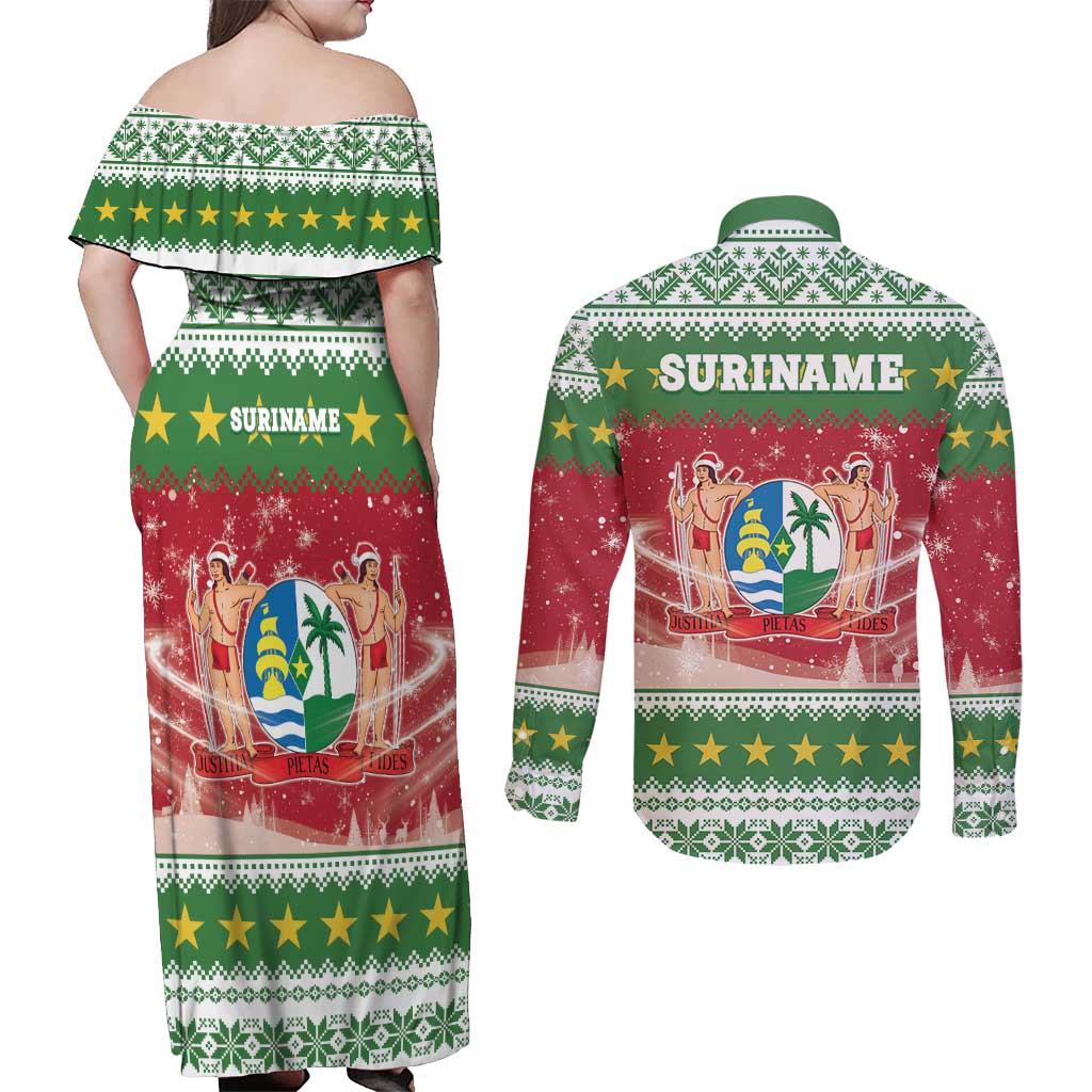 Suriname Christmas Couples Matching Off Shoulder Maxi Dress and Long Sleeve Button Shirt Coat Of Arms Zalig Kersfeest - Wonder Print Shop