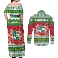 Suriname Christmas Couples Matching Off Shoulder Maxi Dress and Long Sleeve Button Shirt Coat Of Arms Zalig Kersfeest - Wonder Print Shop